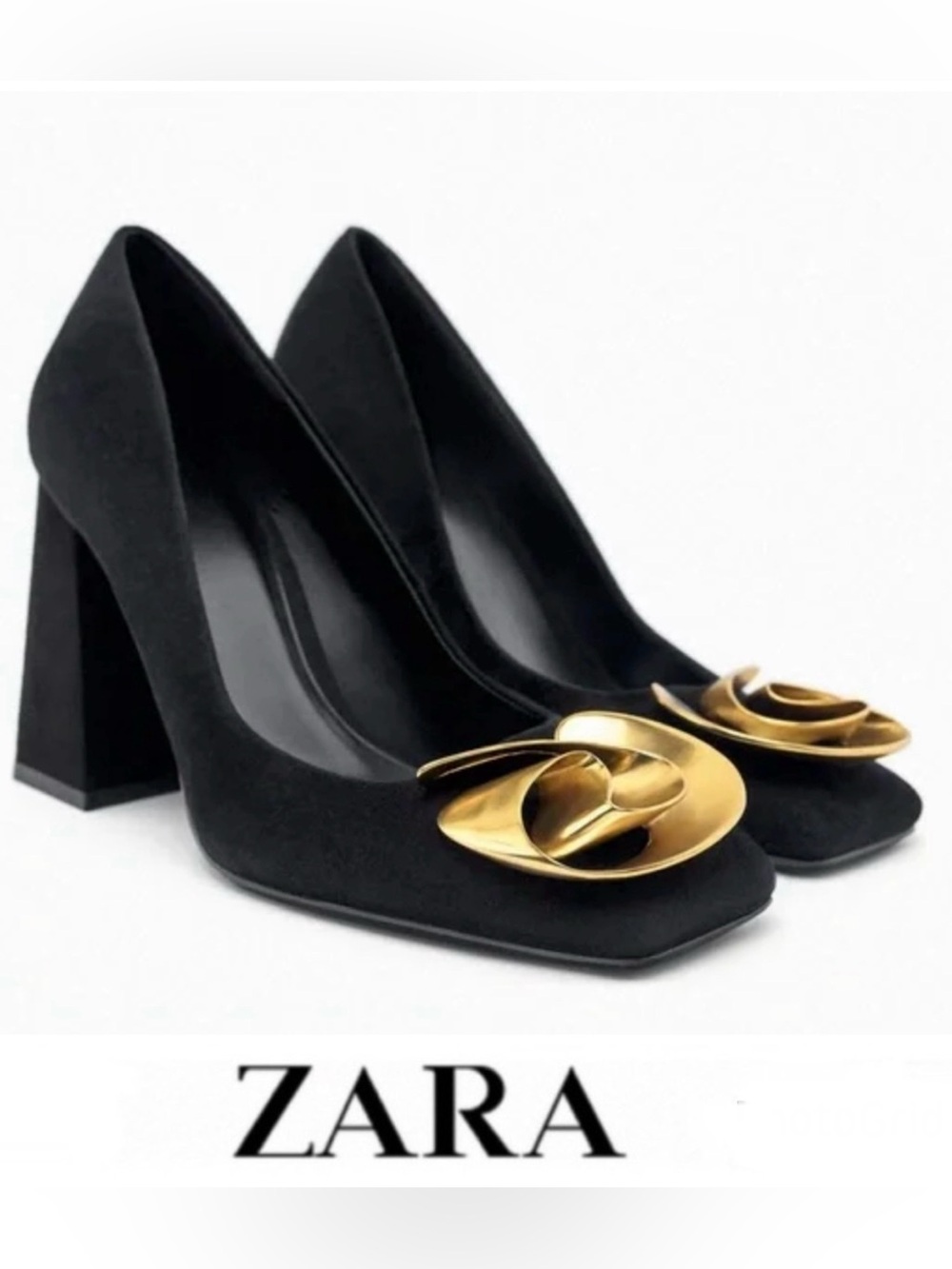 ZARA Black Suede Gold Metal Flower Accent Block Heels Slip On Pumps Sz 39 NEW
